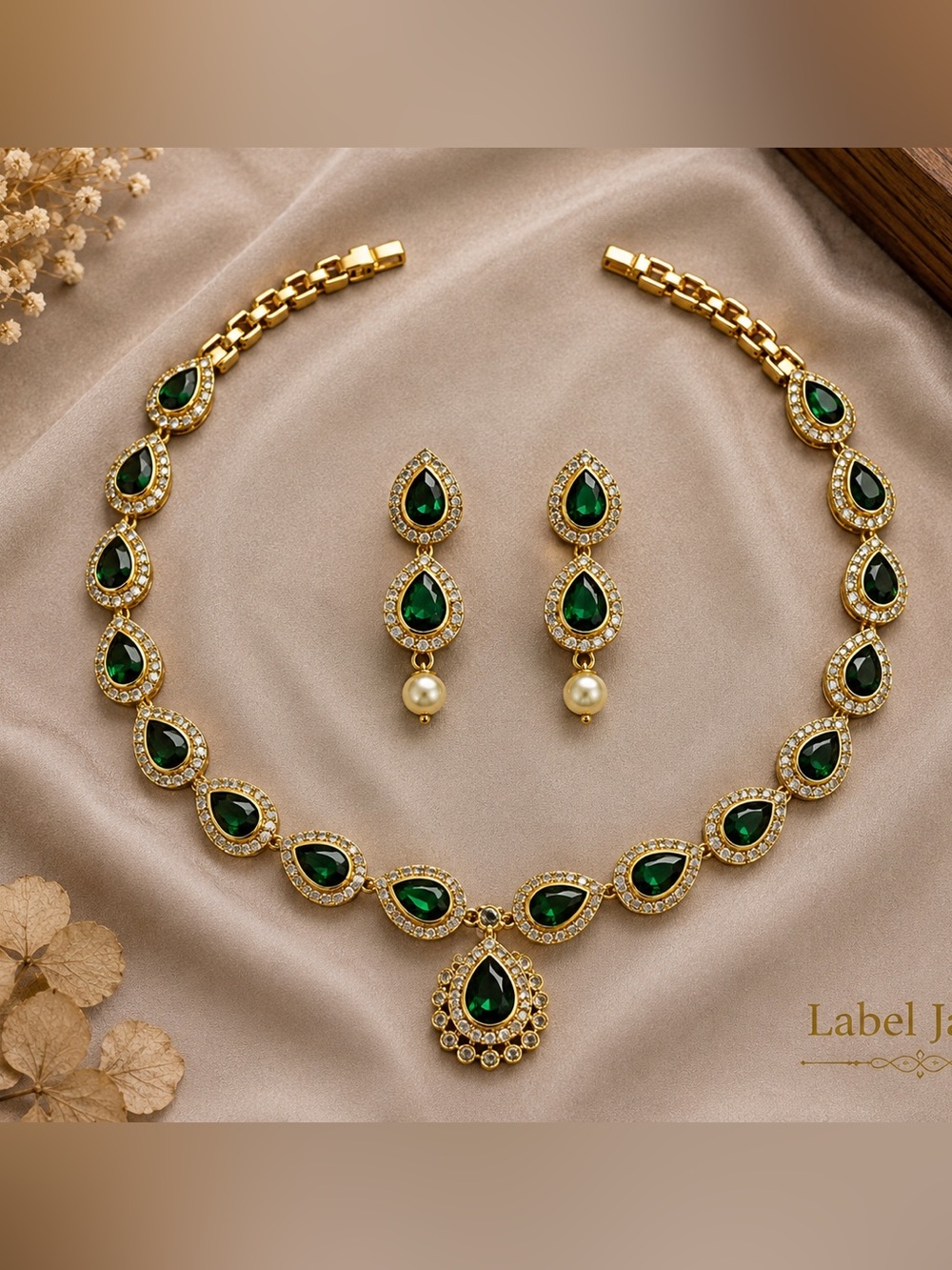 Green Teardrop Necklace and Earring Set - Gold Finish
